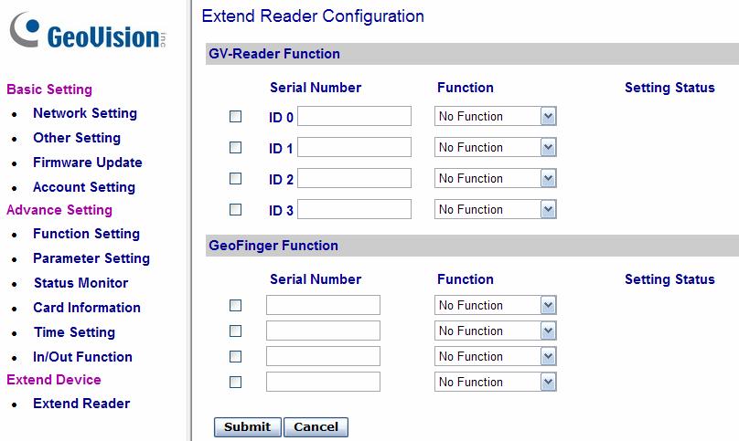 10 Optional Devices 10.3.2.G Extended Reader In the left menu, click Extend Reader. This Extend Reader Configuration page appears.