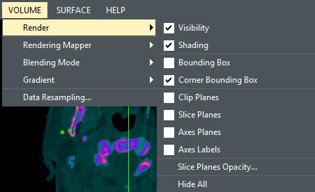 1. Render Various rendering tools can be found in the Render submenu. Figure 7. Rendering tools for volume visualizer. Visibility Control the visibility of the selected volume.