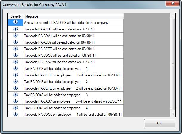 Pennsylvania Taxes Conversion Tool Figure 10: Conversion Results after clicking the Test Selected button Apply Selected Click this button to implement changes in your Millennium database using the