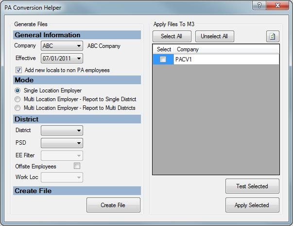 Pennsylvania Taxes Conversion Tool Figure 2: PA Conversion Helper dialog The explanation of the fields in the Generate Files area are as follows: Company Use this drop down list to select the company