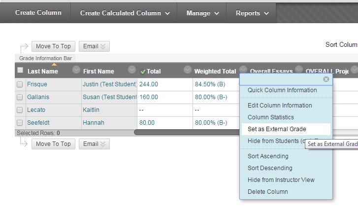 f. Set weighted total column as the External Grade* i.