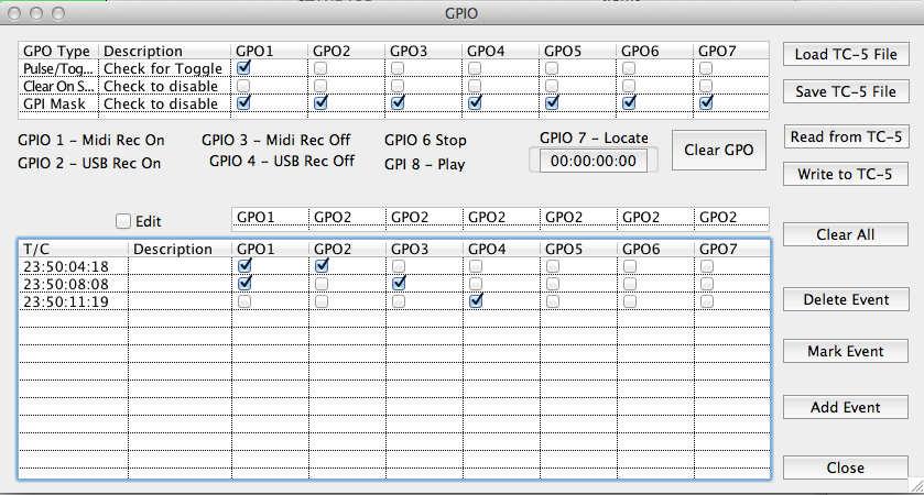 Simple GPO Example In the following example GPO1 is a Latching Output GPO 2-7 are Pulse Outputs GPO 1-7 will go Off if the timecode stops GPI 1 7 are disabled When the timecode runs Timecode GPO1