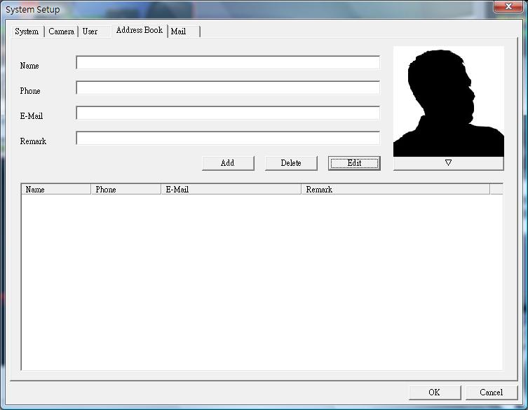 1.5.4 Address Book page at System setup dialog: Setting address book for sending event mail or query phone from here.