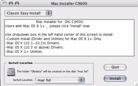 Macintosh Installation OS 9.1 to 9.2.x Install the Driver 1. Turn the printer ON. Then, turn the computer ON. 2. Place CD1, supplied with the printer, in the CD-ROM drive. 3.