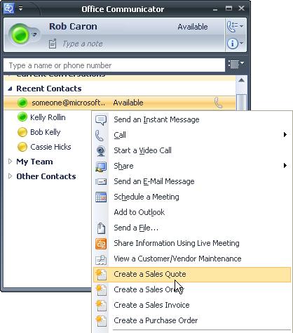 PART 2 MICROSOFT SOFTWARE INTEGRATION To display presence information, you must be signed in to your Communicator account on the same computer as Microsoft Dynamics GP and have messenger addresses