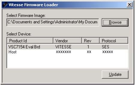 Figure5. Firmware Loader window 11. Click the Browse button and locate the latest firmware image that was saved to the PC, see Figure 6. Figure6. Firmware Loader window with firmware selected 12.
