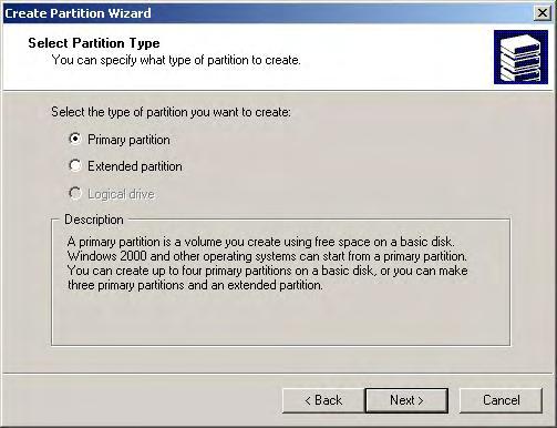 5. Click Next to create a partition on a basic