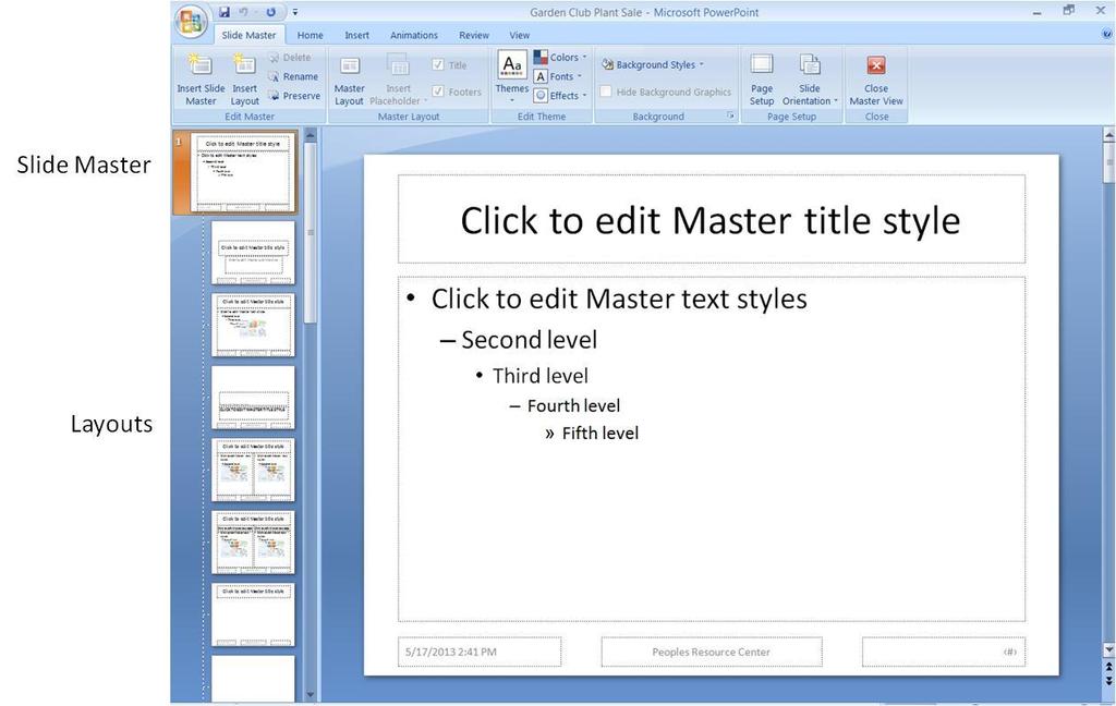 Figure 4.30 Slide Master Each presentation contains a slide master. The slide master contains placeholders for title and subtitle text. There are also placeholders for the footer s text.