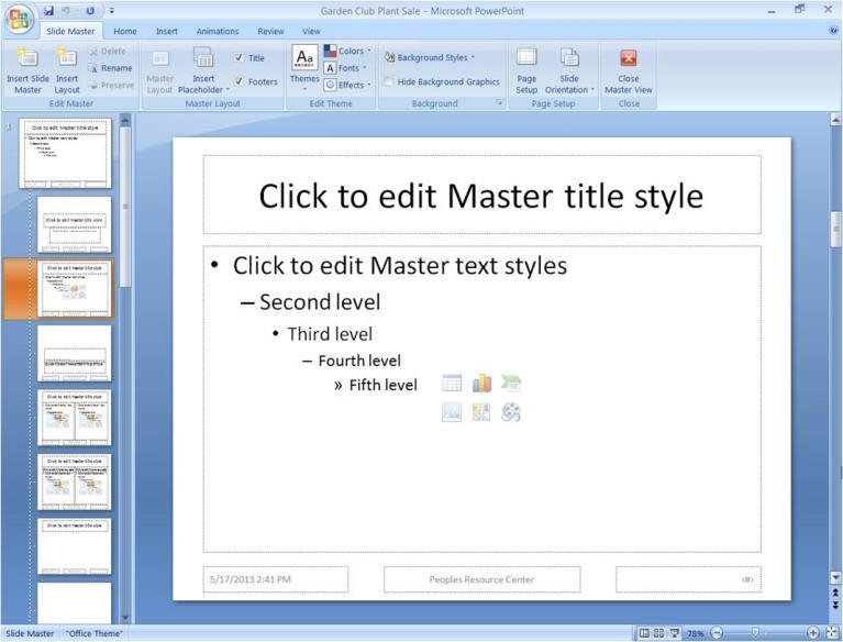 For example, if we wish to make changes to slides using the Title and Content layout we would select that layout type to open its master. Figure 4.