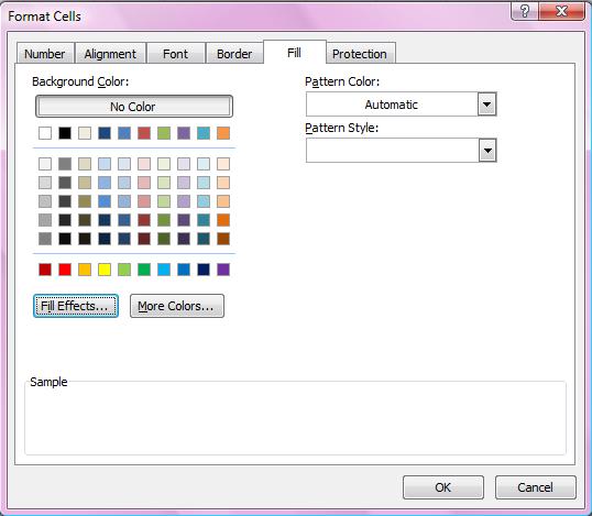 Fill Tab: It has the patterns and colors shown in the dialogue box. 6.
