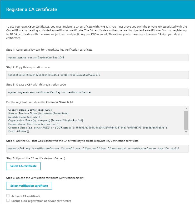 Register CA certificates with AWS IoT website interface The intermediate CA registration process can also be carried out through the user interface available in the AWS IoT website.