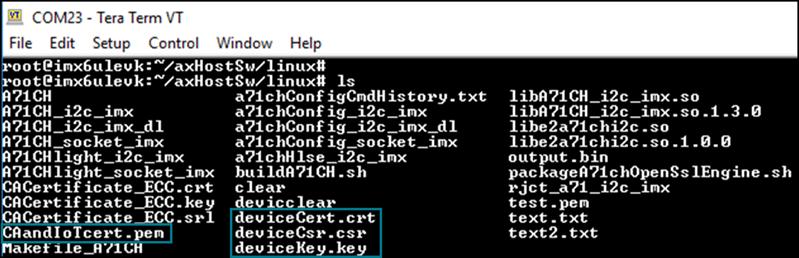 mx6 MCU Finally, the IoT device certificate devicecert.crt is combined with the demo CA credentials using the cat command as explained in 7.1: cat devicecert.crt CACertificate_ECC.crt > CAandIoTcert.