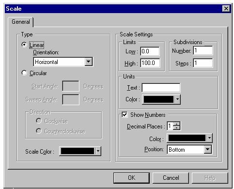 Inserting a Scale To insert a scale, follow these steps: 1. From the Insert menu select Scale. 2. The Scale dialog appears with the default scale type as linear.