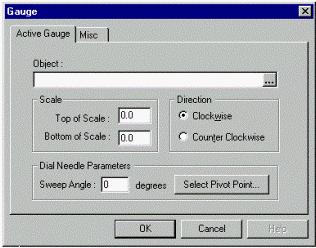 Inserting a Gauge To insert a gauge, follow these steps: Either from the toolbar or the Active Components menu, select Gauge. The Gauge dialog appears.
