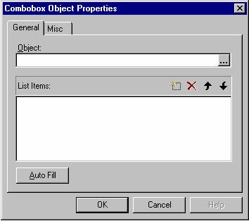 4. When the Combobox Object Properties dialog appears, select the properties you require as described in the table below and click OK.