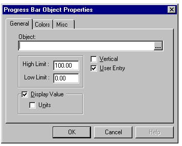 When the General tab of the Progress Bar Object Properties dialog appears, select the properties you require as described in the table below and click OK.