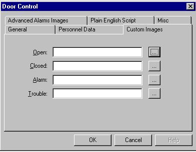 6. Select the Custom Images tab if you wish to use your own door style images. Browse to or enter the names of your custom set of bitmaps in the Open, Closed, Alarm, and Trouble edit boxes.