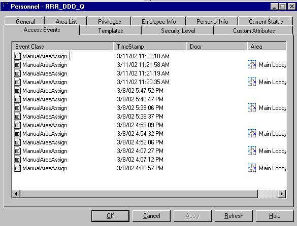 The Access Events Tab This access event viewer shows you the access event activity for this Personnel object.