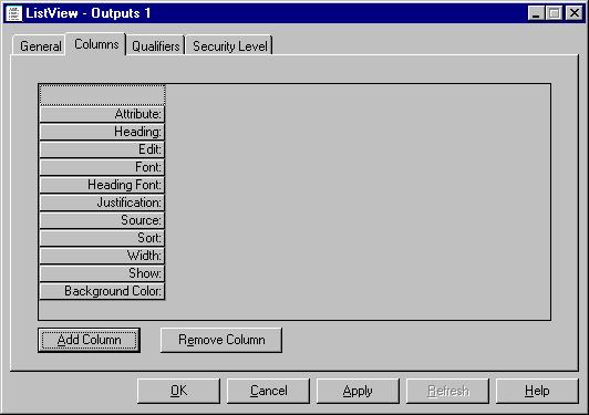 The Columns Tab Use the Columns tab to add, remove and configure data columns in the ListView. You can configure the contents and appearance of each column you add.