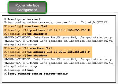 The process is repeated for all router interfaces. F0/1, has been configured to use IP address 172.17.30.