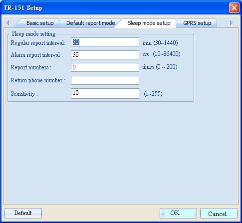4.2.1.3 Sleep mode setup Item Description Default Remarks Regular report interval The interval of sending position report under sleeping mode.