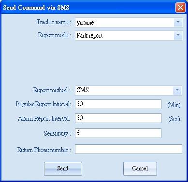 Step3: Select SMS or GPRS or SMS+GPRS in the field of Report method, and then click Send. Select SMS as Report method: TR-151 will send position report to the phone number you set in Basic setup.
