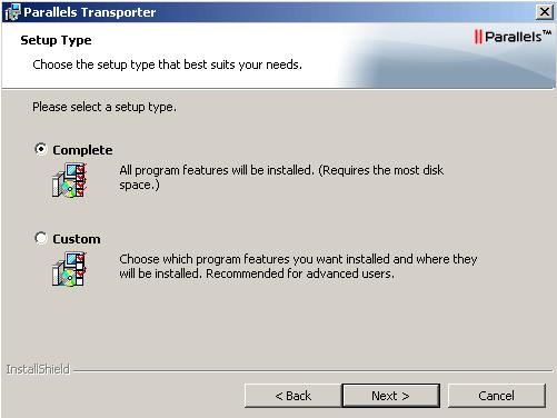 Installing Parallels Transporter 19 3 In the Setup Type window select the type of installation: If you select the Complete type of installation, both Parallels Transporter and Parallels