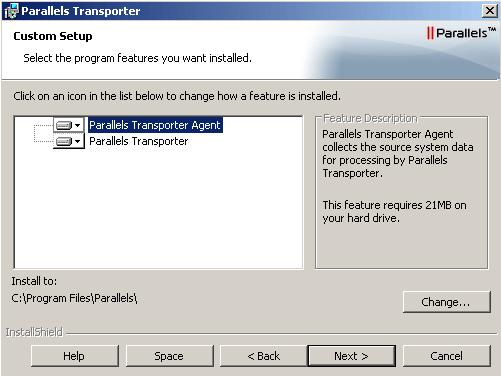 Installing Parallels Transporter 20 4 If you selected the Complete type of installation, go to step 5. If you selected the Custom type of installation, choose what components you want to install.