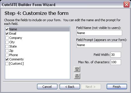 To add custom fields to a form 1. Click in the page where you want the form, or open an existing form (see page 91). 2. On the menu bar, choose Insert > Form. The CuteSITE Builder Form Wizard appears.