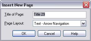 The Insert New Page window appears. 3. In Title of Page, type a name. 4. In Page Layout, choose a detail page with arrow links, a detail page with text links, or a text page with arrow links. 5.