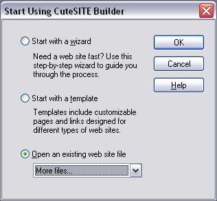 To open an existing Web site file 1. In Windows, click the Start button. 2. Choose Programs > GlobalSCAPE > CuteSITE Builder > CuteSITE Builder. The Start Using CuteSITE Builder window opens. 3.
