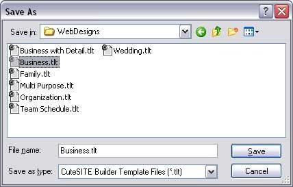 10. In Save in, select WebDesigns. The WebDesigns folder is generally at C:/Program Files/GlobalSCAPE/CuteSITE Builder/WebDesigns. 11.