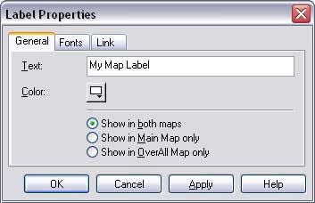 Working with map labels To add a text label to the map 1. On the menu bar, click Map > Insert Label. The text Type_label_here appears in the map. 2. Type the text you want.