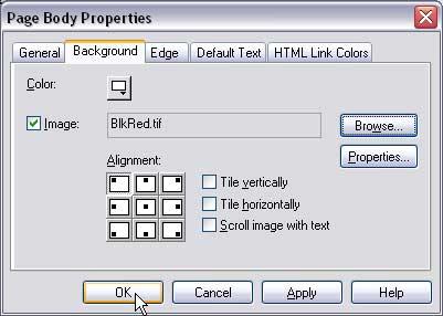 To add a picture as a background 1. Click the page body or border where you want the background. 2. On the menu bar, choose Edit > Properties > Page Area. The page area Properties window opens. 3.