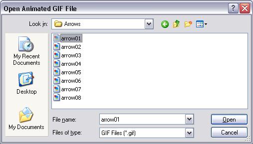 The Open Animated GIF File window appears. 4. Select a picture, and click Open. The Animated Image (GIF) window appears (see picture on following page).