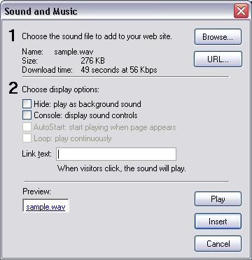 To add sound to a page You can easily add audio files to a Web page that can be automatically played or manually started when the user visits your Web site. 1.