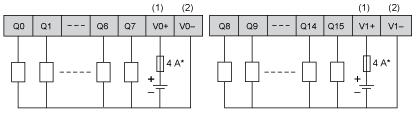 Conexiones y esquema Salidas de transistor (*) Fusible tipo T (1) Los terminales V0+ y V1+ no están conectados