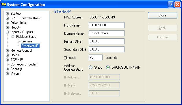 5. Make sure that the following are displayed. Fieldbus Type : EtherNet/IP Input Bytes : 32 (default setting) Output Bytes : 32 (default setting) 6. Click <Close>. 7.