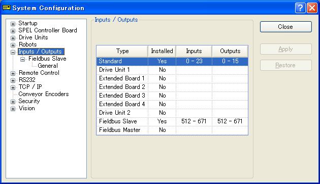 8. Select [Setup]-[System Configuration] and display the [System Configuration] dialog box. 9. Select [Inputs / Outputs]. NOTE 10. Make sure that the following are displayed in Fieldbus slave.