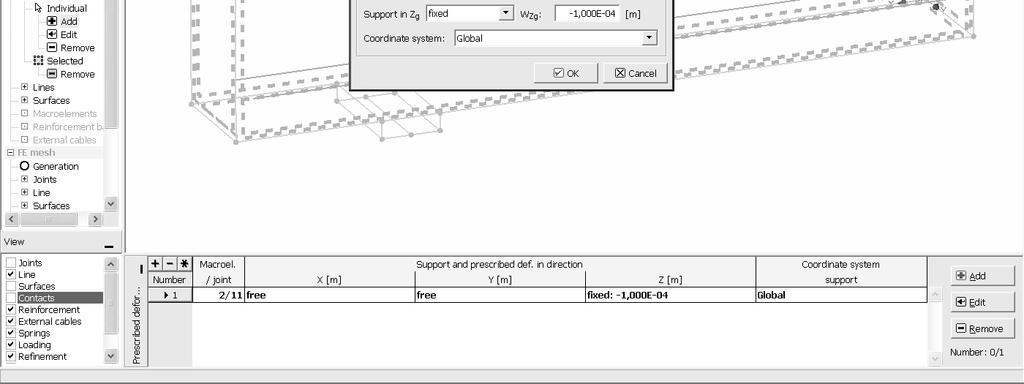 0001 and click OK button. Figure 70: The definition of the prescribed displacement at the top steel plate in load case 2. Parameter input: Support in Z g : fixed WZg: -0.0001 m 3.