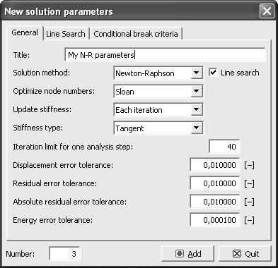 The new set of solution parameters can be defined by selecting the button Add on the right side of this table.