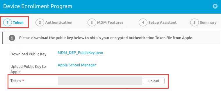 Chapter 2: Apple School Manager Integration 5. Navigate to the MDM_DEP_PublicKey.pem that you downloaded from the AirWatch Console and upload it. Select Next. 6.