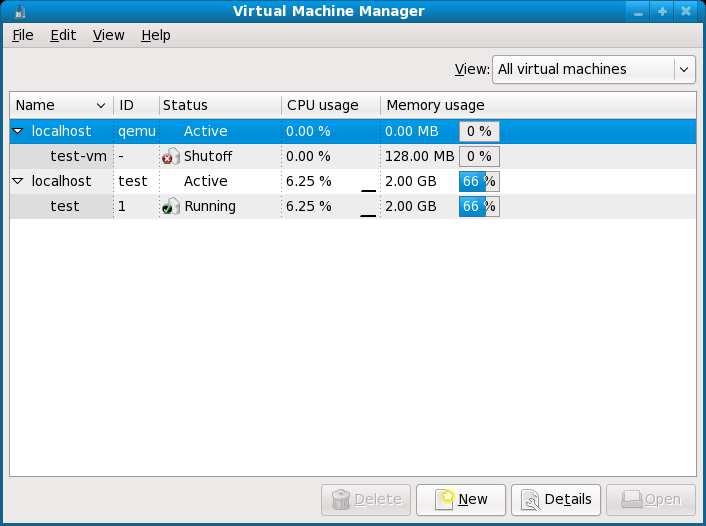 37.2. Accessing a virtual machine's console There are two ways to pull it up, one from the gui menu on the desktop, and the other with the following command in terminal: # virt-manager 37.3. Start and stop virtual machines Starting and stopping virtual machines is just like starting and stopping real machines.
