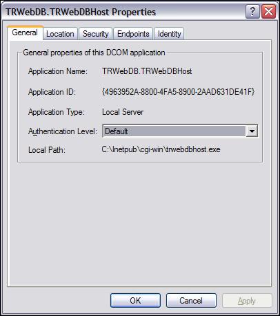 4 Right-click on TRWebDB.TRWebDBHost and select Properties from the menu. The TRWebDB.TRWebDBHost Properties dialog box appears. Figure 2-5. Properties dialog box 5 Click the Identity tab.