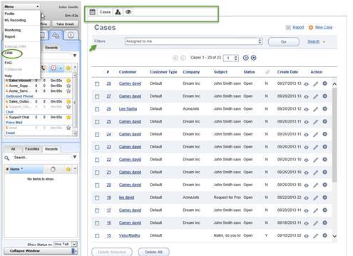 Tasks: Lists tasks assigned to you with the ability to create new tasks, edit, or delete tasks. Customize Lists of Customers and Cases Selecting a CRM tab lists customers, cases, and tasks.