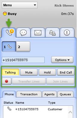 For example, when an agent accepts an incoming call, controls such as Hold, Mute, and End Call get enabled.