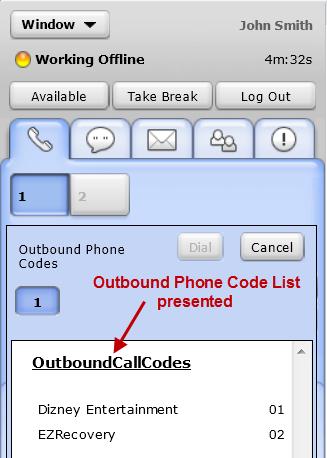 To change your status to busy during an outbound call: 1. In the Phone tab, enter a phone number, and click Dial. You are prompted to select an Outbound Phone Code. 2.