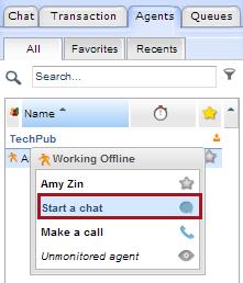 You can chat with other agents in your group to consult, seek advice, or inform of a customer call transfer. You can initiate an agent-to-agent chat via a menu option in the Agent Status tab.