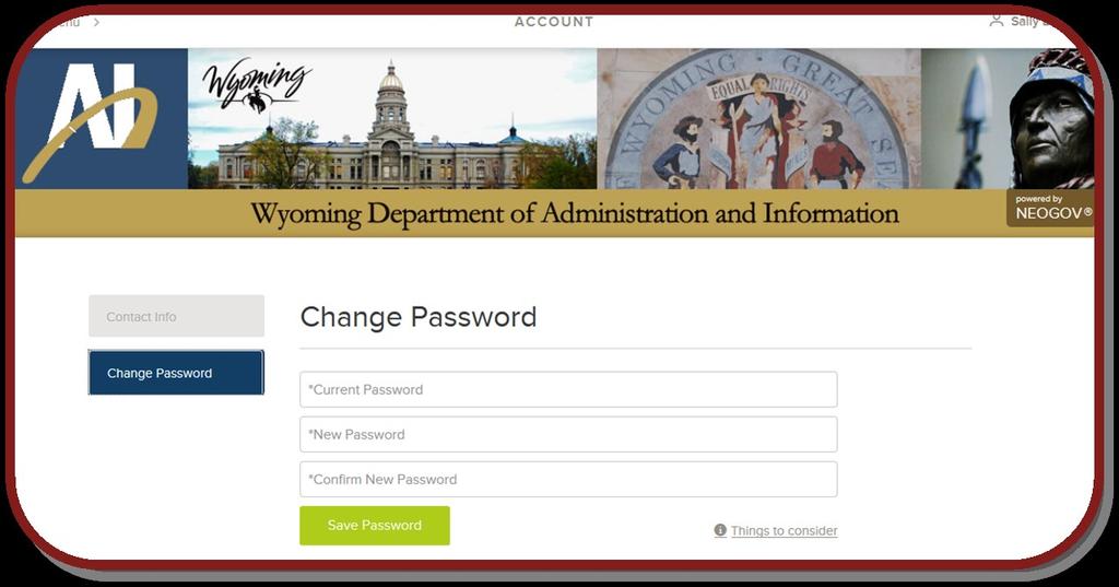 Click Account to Change: Contact Info Change Password