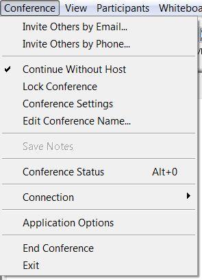 Conference Menu Options Invite Others by Email (Phone may be optional) Continue Without Host allows the event to continue without the Host present Host gives Presenting rights to